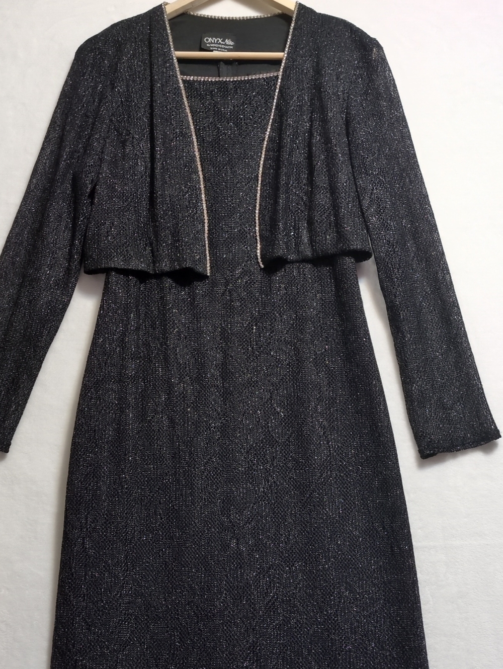 Vintage Onyx Nite Size 8 Rhinestone Trim Metallic Black Maxi Dress Jacket Set